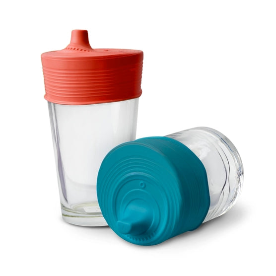 The red and teal Stretchy Silicone Lids With Sippy Spout.