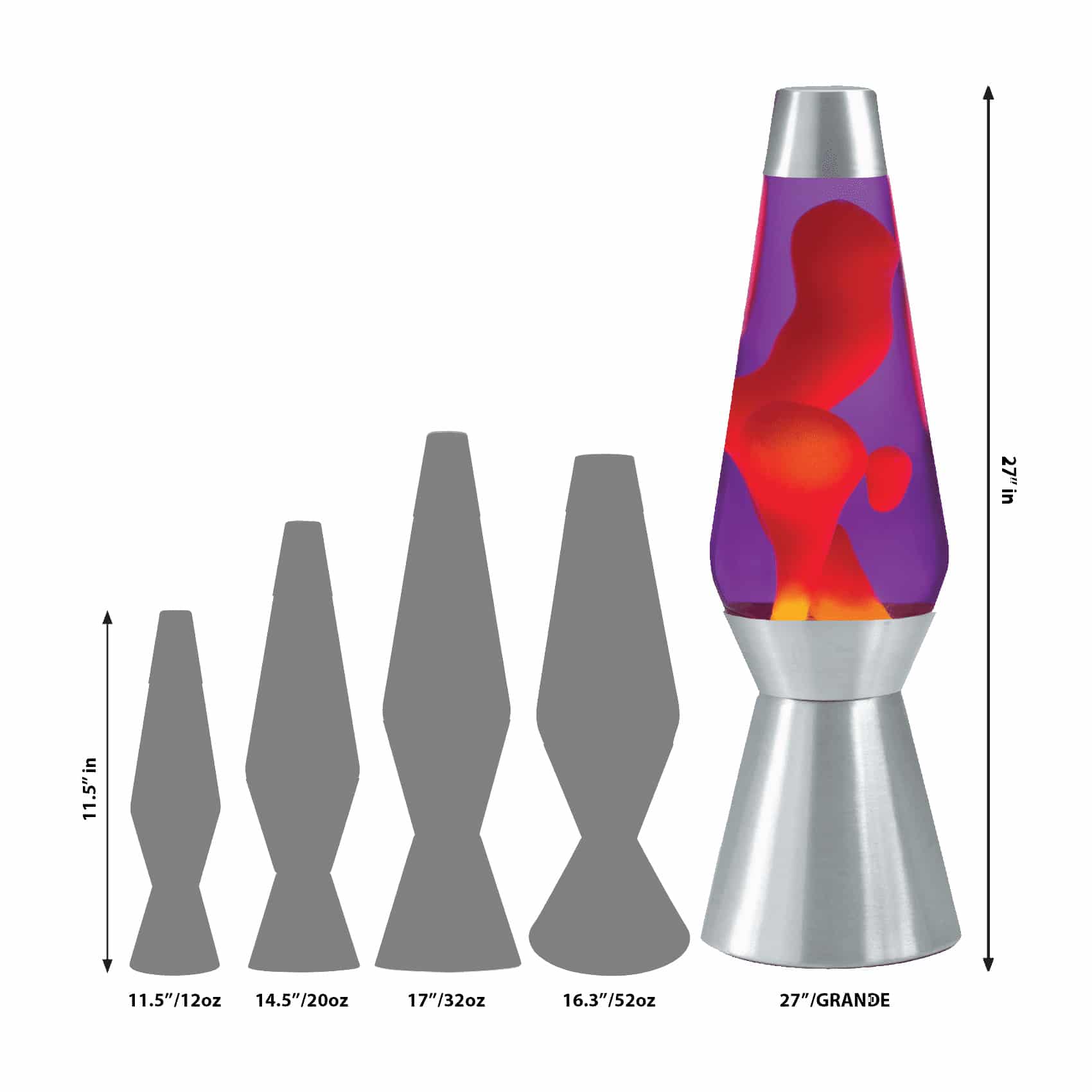 An infographic depicting the size of the 27" Lava Lamp compared to other sizes.