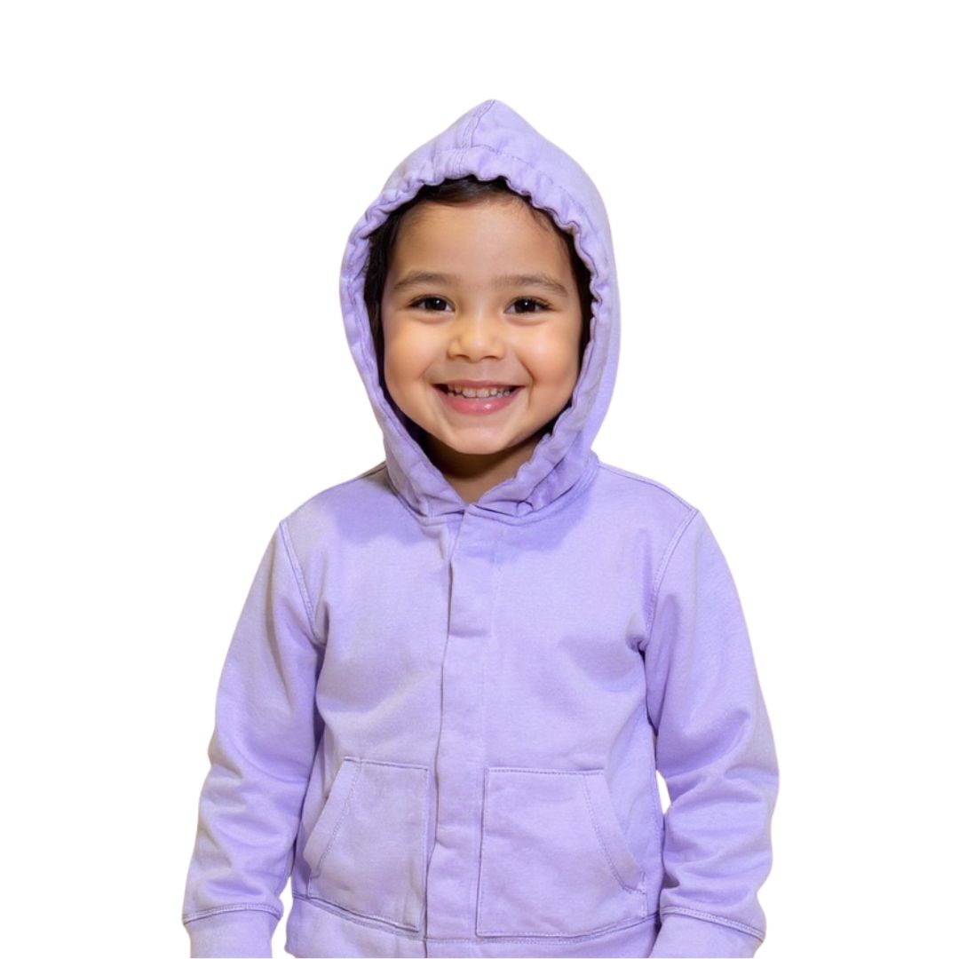 A child smiles while wearing the Lilac Sound Reducing Hoodie.