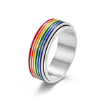 The 8mm Rainbow LGBTQ Pride Fidget Spinner Ring in Stainless Steel.