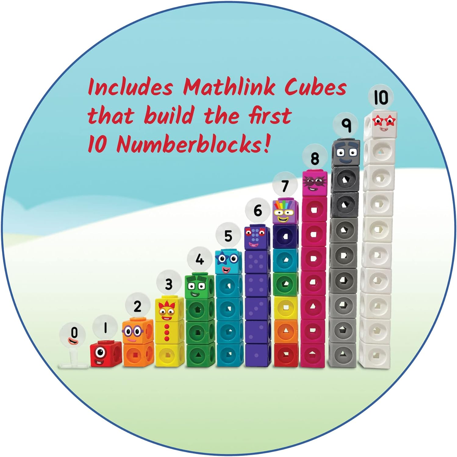 An infographic that says: Includes Mathlink Cubes that build the first 10 Numberblocks!
