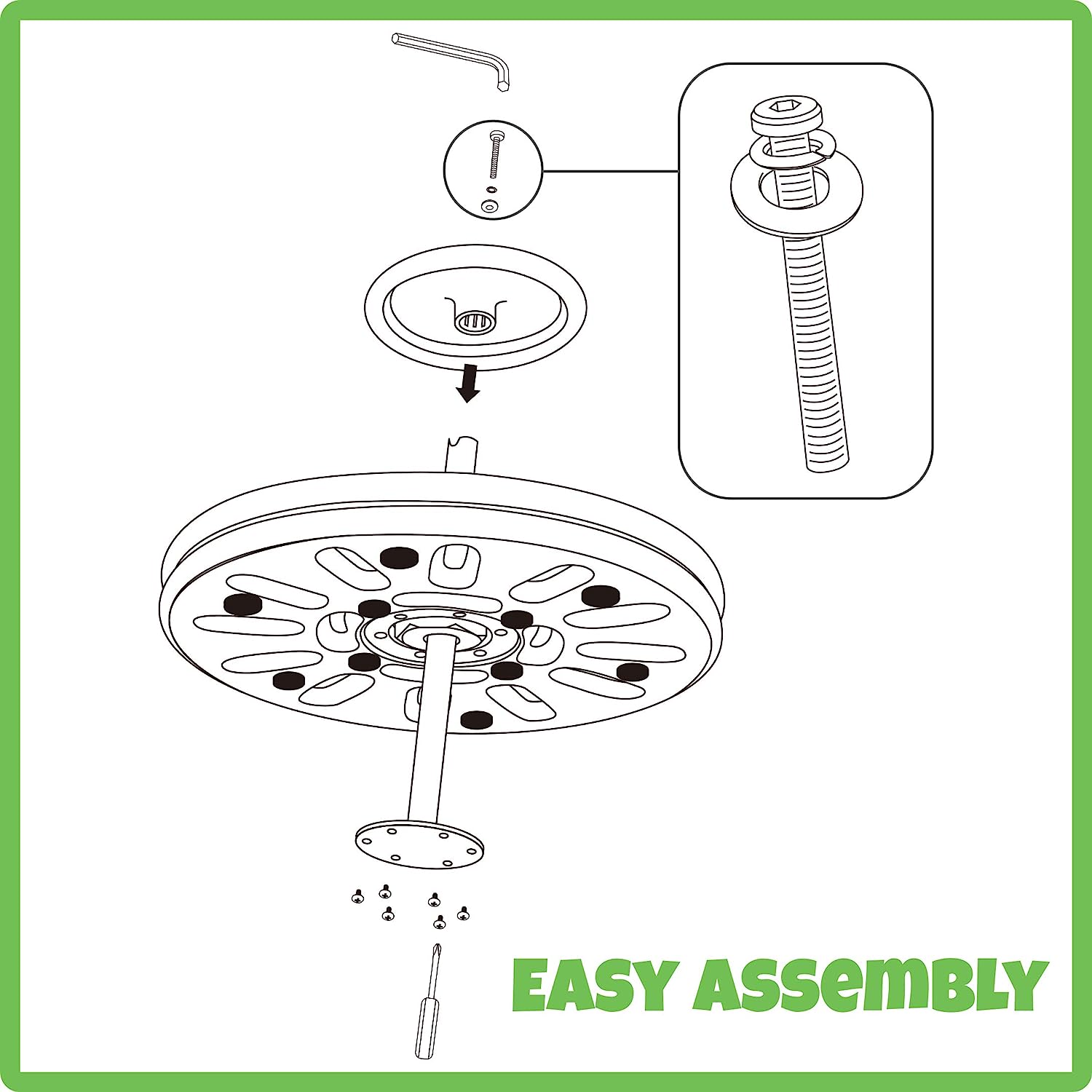 An infographic depicting the easy assembly of the Whizzy Dizzy.