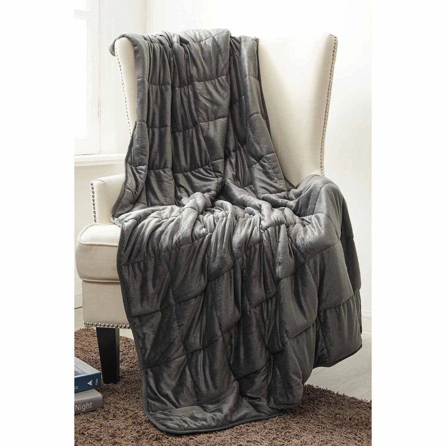 The grey Antimicrobial Plush Mink Weighted Blanket 12 lb draped over a white chair.