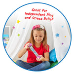 A child with light skin tone and long brown hair sits under a white canopy. They are holding a Sensory Fidget Tube and looking down at the movement in the tube.