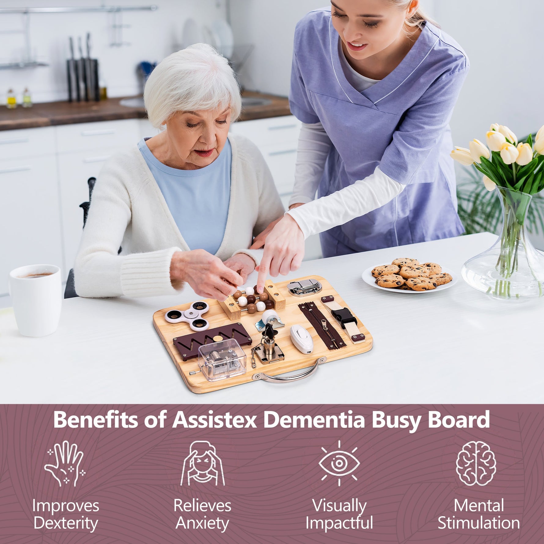 A senior woman plays with the Fidget Busy Board for Adults with a caregiver.