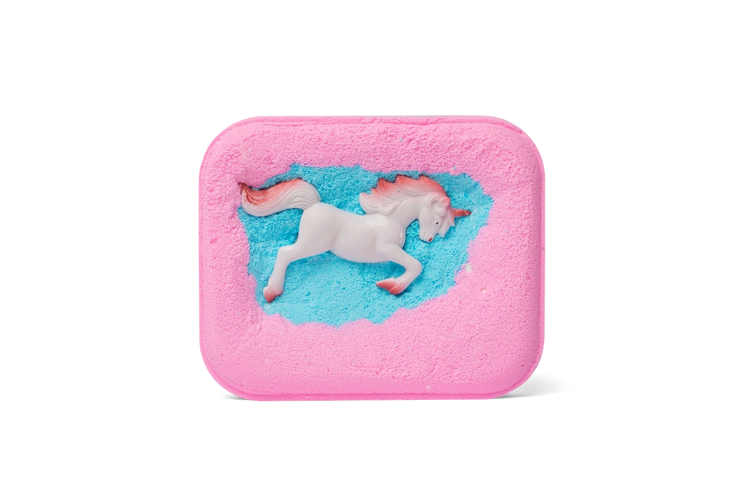The hidden side of the pink Mega Unicorn Surprise Bath Bomb with the unicorn surprise.