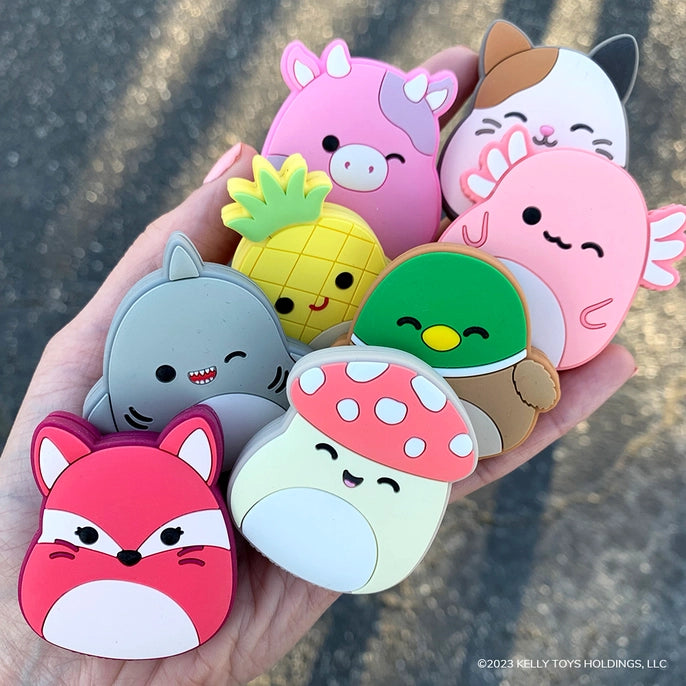 A hand with light skin tone holds all of the variants of Magnetic Fidget Sliders - Squishmallows Collection.
