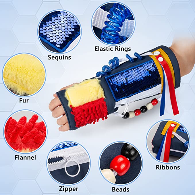 An up-close look at the different textures and fidgets on the Fidget and Sensory Sleeve.