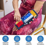 A woman pulls at the fabric on the Fidget and Sensory Sleeve.
