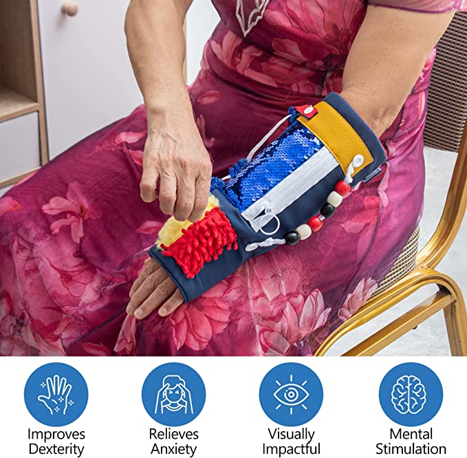A woman pulls at the fabric on the Fidget and Sensory Sleeve.
