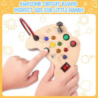Two hands with light skin tone hold onto the Wooden Switch LED Light Busy Board and push one of the buttons. The text reads: Awesome Circuit Board Perfect Size For Little Hands.