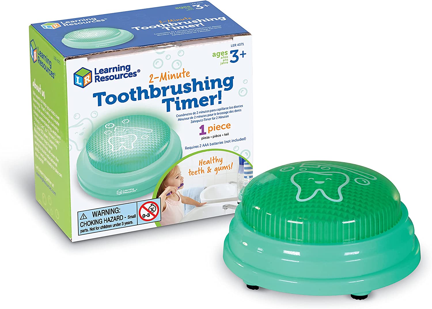 The product package for the Toothbrush Timer next to the Toothbrush Timer.