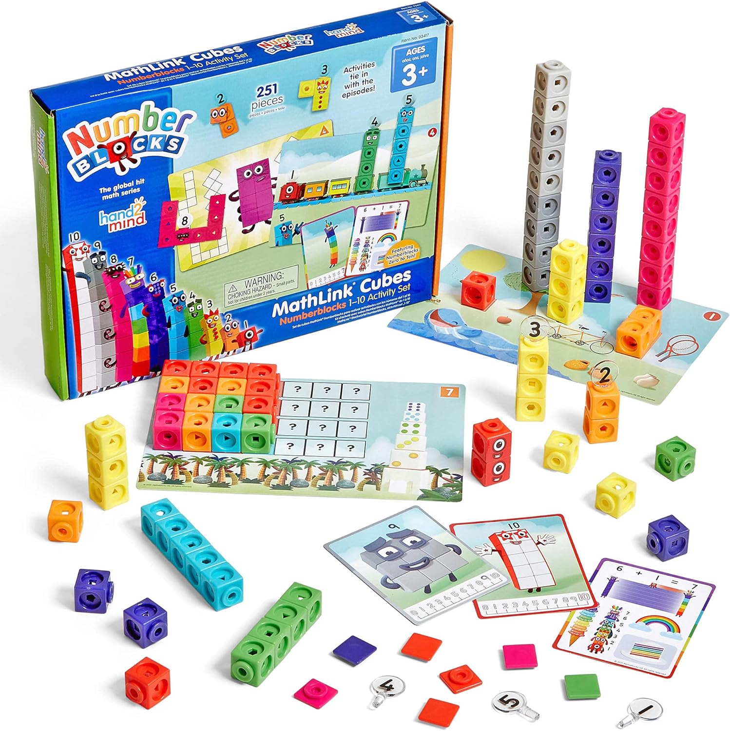 The Mathlink Cubes, Numberlocks 1-10 spread across the contents of the package.