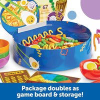 An up-close look at the product box for Noodle Knockout. The text reads: Package doubles as game board and storage!