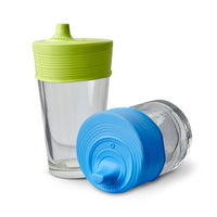 The lime green and blue Stretchy Silicone Lids With Sippy Spout.