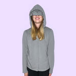 The Gray French Terry Sensory Hoodie for Adults worn with the eye mask pulled down.