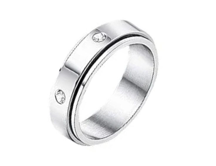 Cubic Zirconia Gemstone Stainless Steel Fidget Spinner Ring - Size 9.