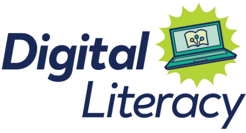 Digital literacy in blue logo with a laptop computer