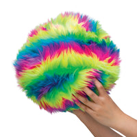 Two hands hold up the rainbow colored Furry Dohzee.