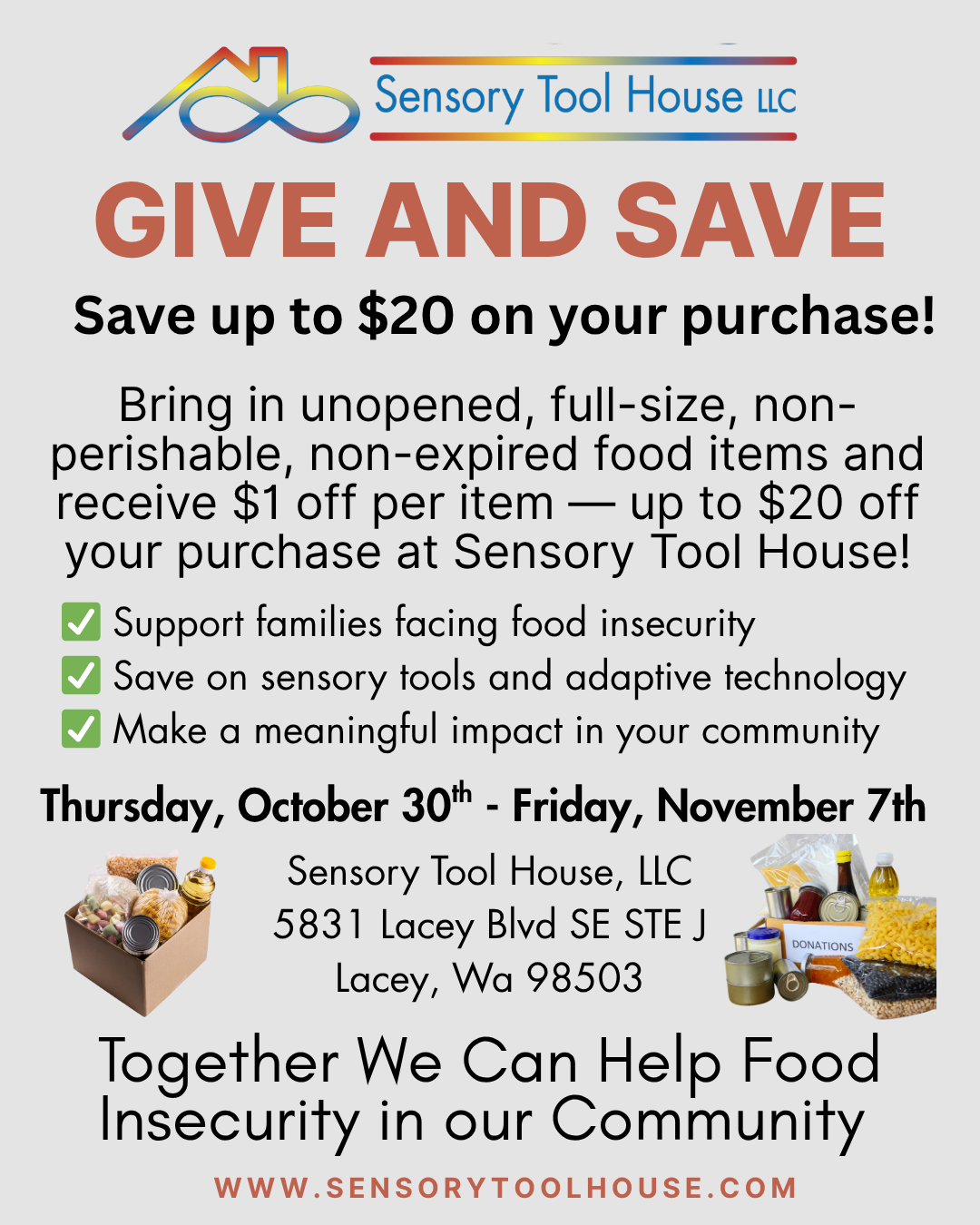 Informational flyer for event with images of non-perishable food. 