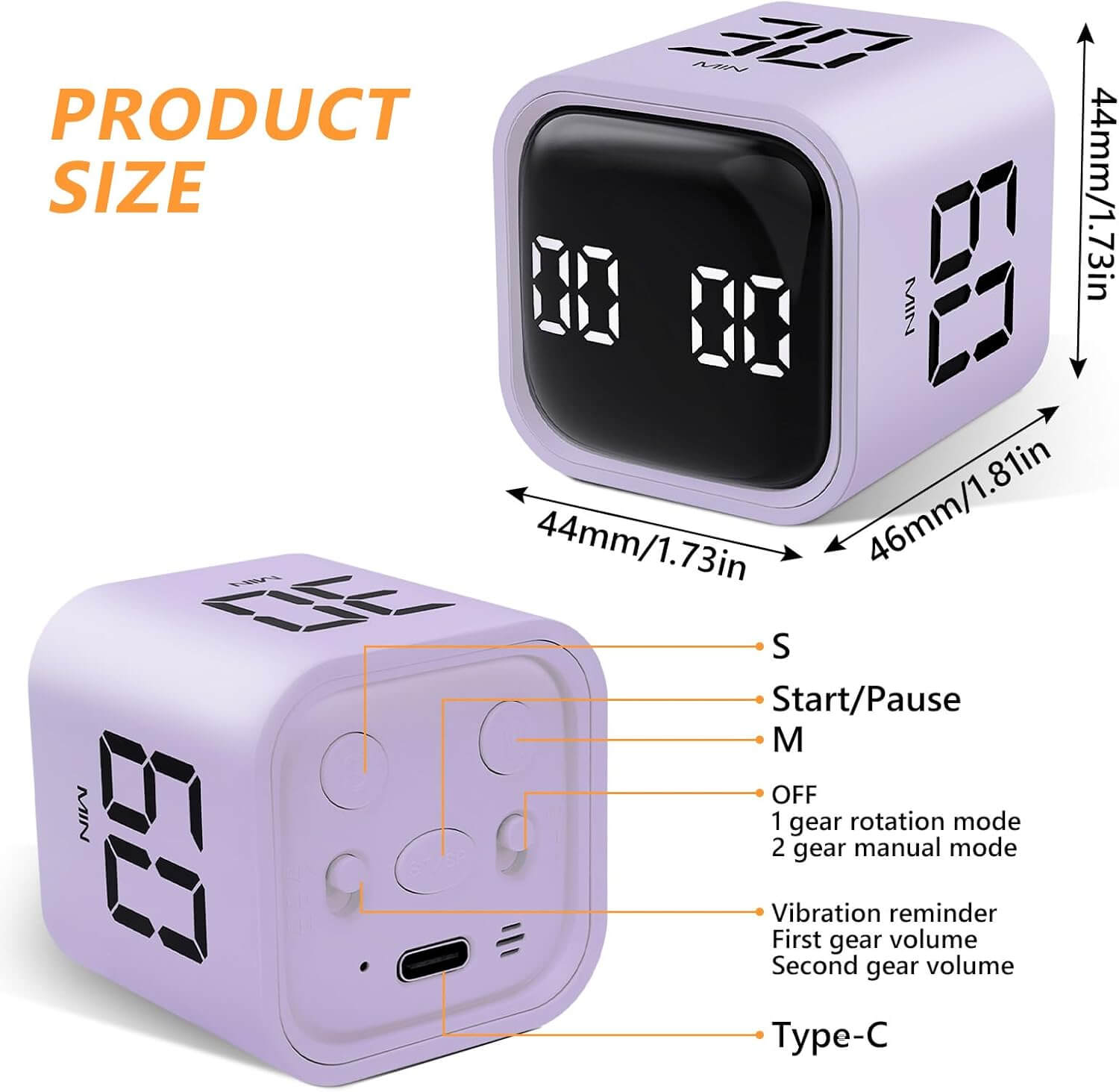An infographic with features from the Gravity Cube Flipping Digital Timer - Purple 5/10/30/60 Minutes.