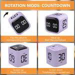 An infographic showing the different ways to rotate the Gravity Cube Flipping Digital Timer - Purple 5/10/30/60 Minutes.