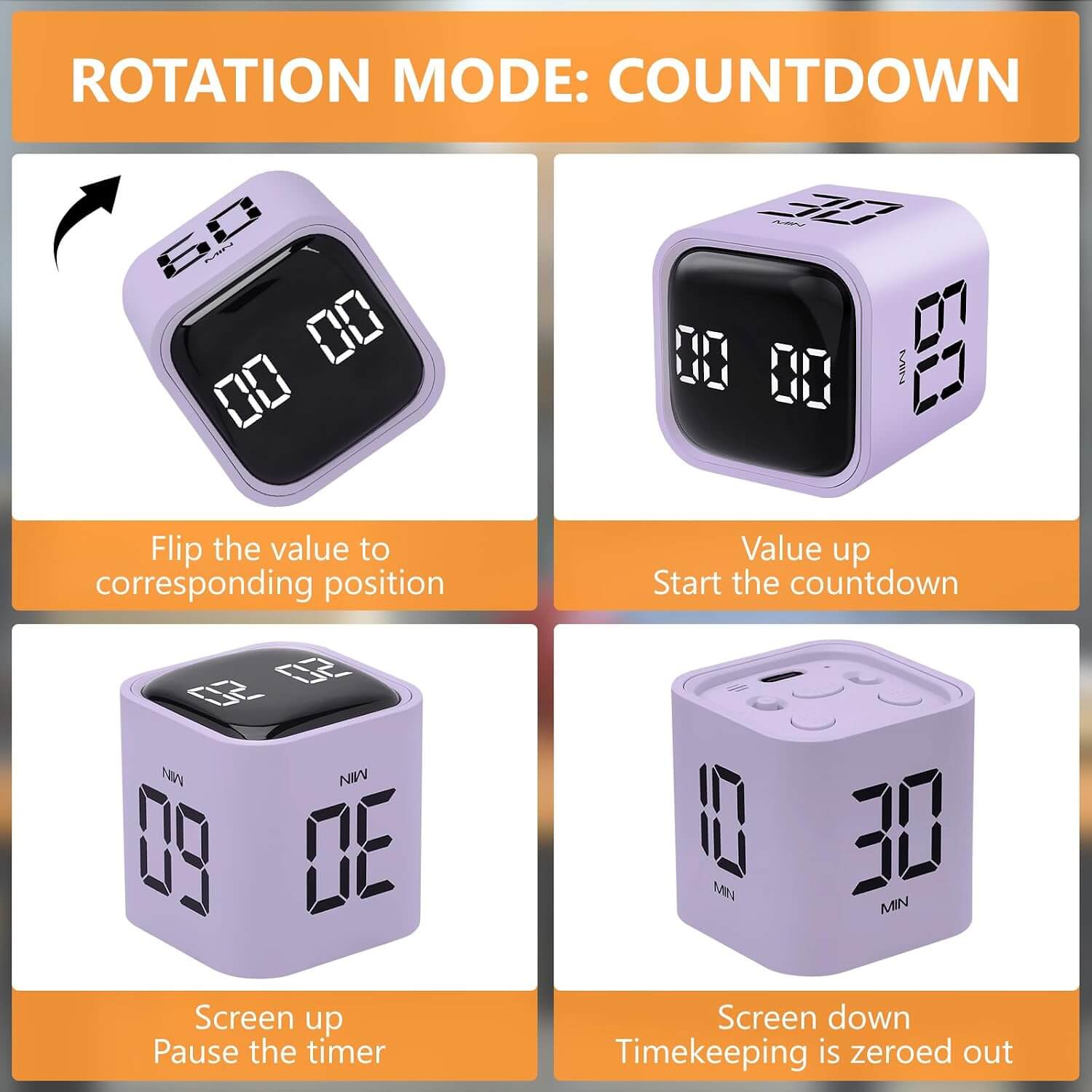 An infographic showing the different ways to rotate the Gravity Cube Flipping Digital Timer - Purple 5/10/30/60 Minutes.