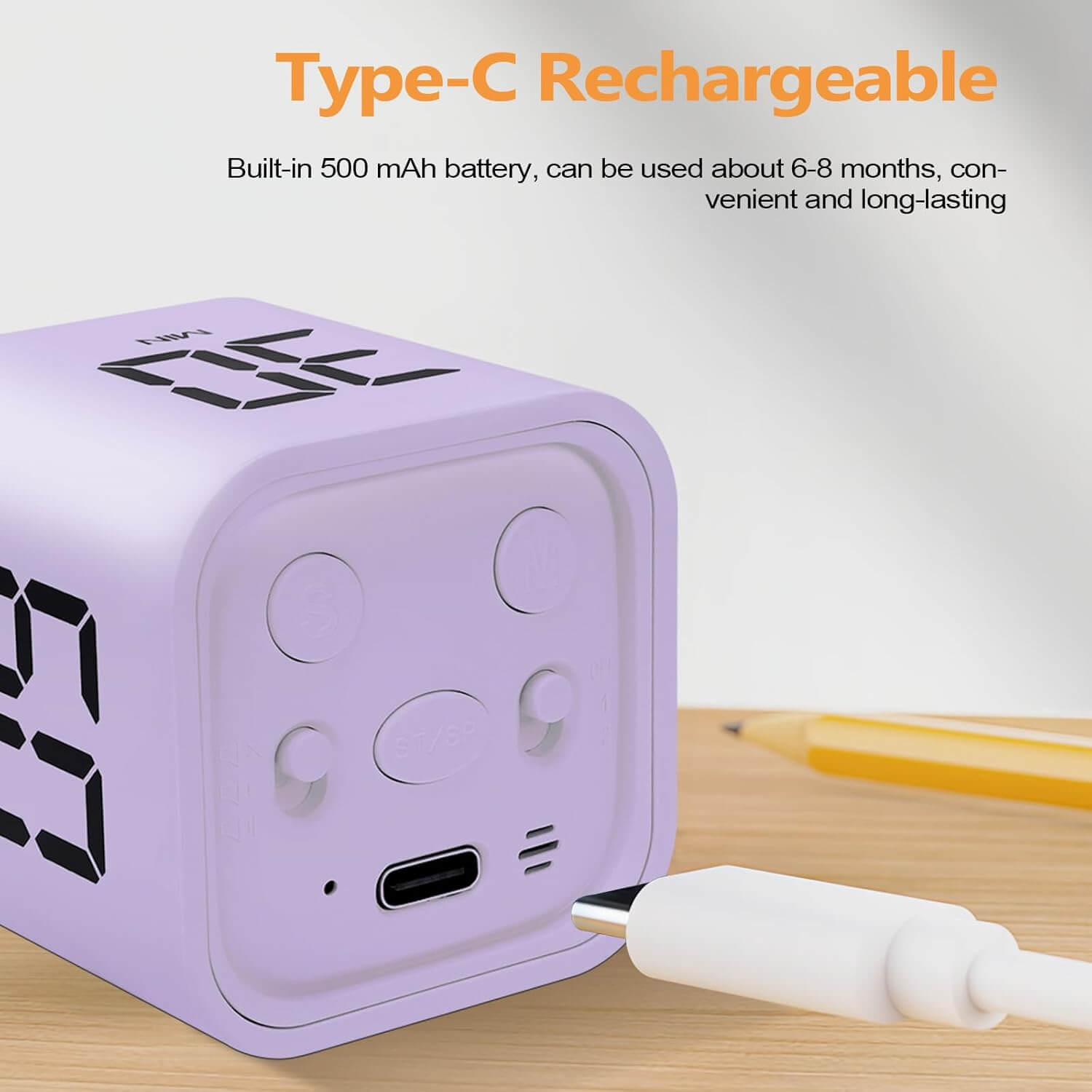 A look at the C-Type charging port on the Gravity Cube Flipping Digital Timer - Purple 5/10/30/60 Minutes.