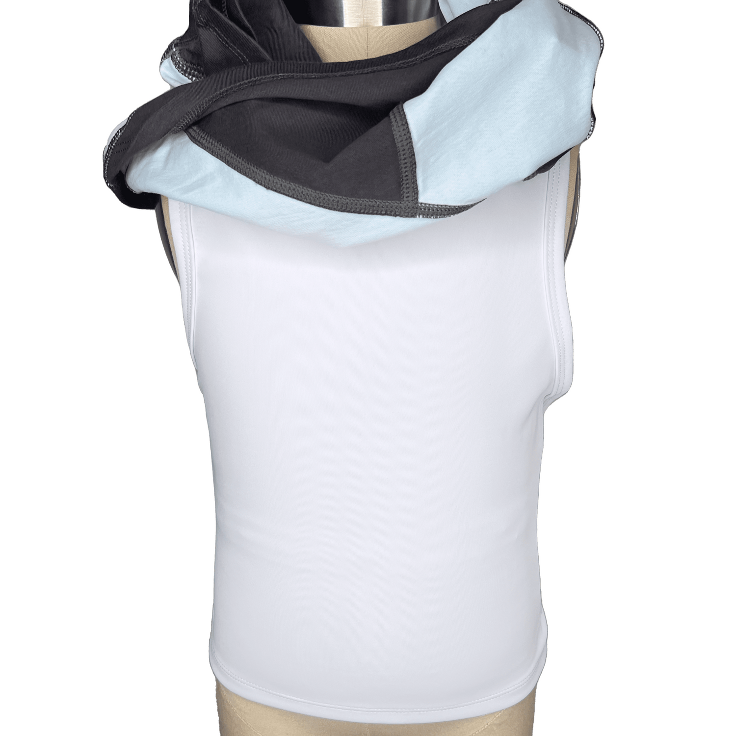 A look at the front side of the white compression undershirt underneath the Grey-Mint Compression Lined T-Shirt.