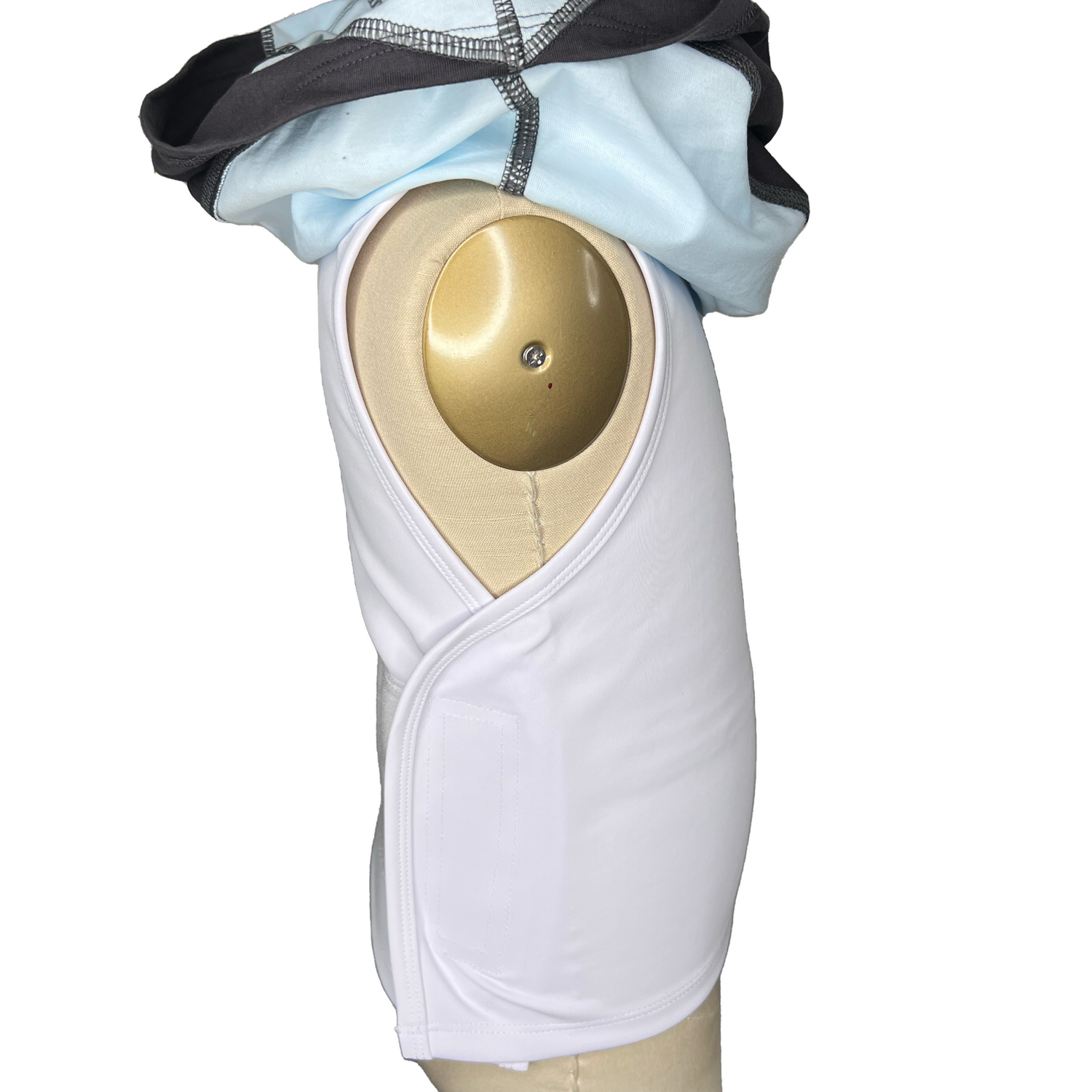 A mannequin has the Grey-Mint Compression Lined T-Shirt rolled above its shoulders for a better look at the adjustable velcro on the white compression undershirt.