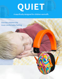 A child with light skin tone and short blonde hair holds both of their hands up to the side of their head while they lie down. They are tucked in with a blanket. There is a pair of the Lollipop Noise Reduction Headphones suspended in front of them.