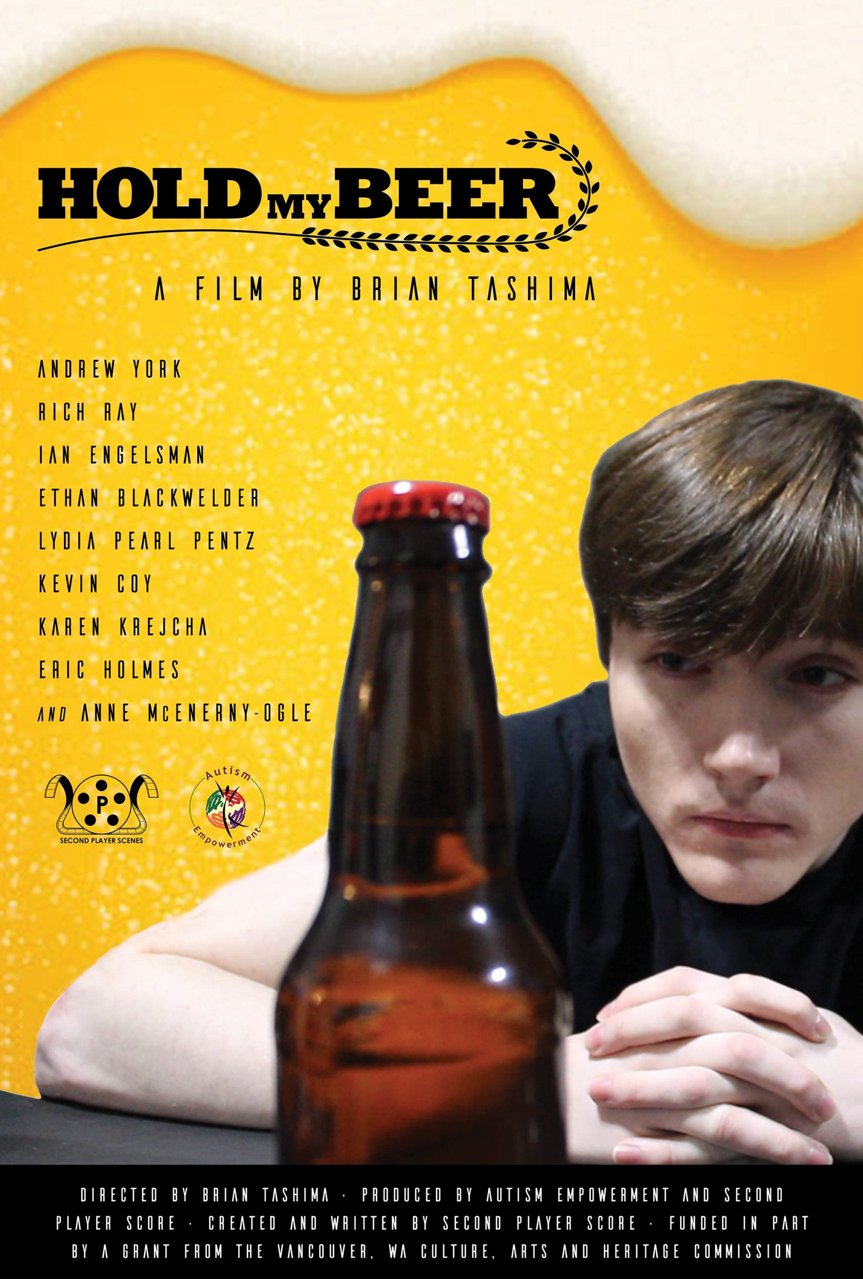 Movie poster Hold My Beer. A film by Brian Tashima. Man with hands folded looking at a beer bottle.