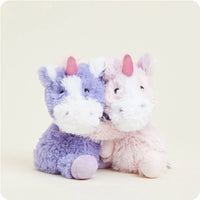 A purple and and a pink plus Unicorn are hugging. These are the Warmies Plush Animal Hugs.