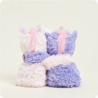 A back side view of the pink and purple plush Unicorns hugging. They are the Warmies Plush Animal Hugs.
