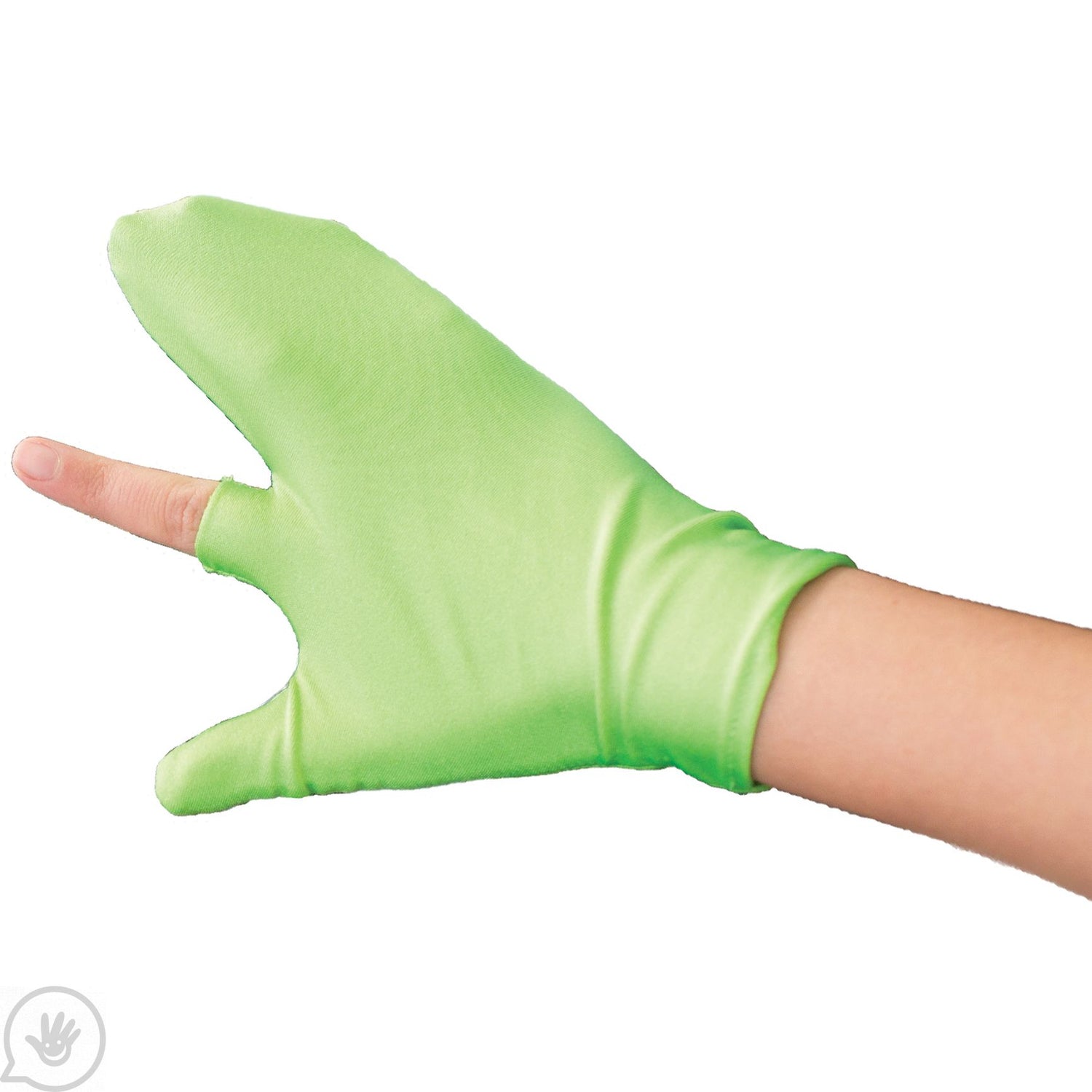 A hand with light skin tone displays the green children's Pointer Finger Isolator.