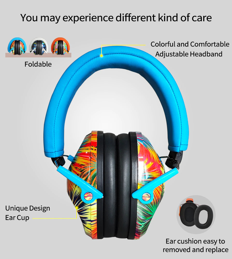 An infographic featuring the Fireworks Noise Reduction Headphones. It reads: foldable, colorful and comfortable adjustable headband, ear cushion easy to remove and replace, and unique design ear cup.