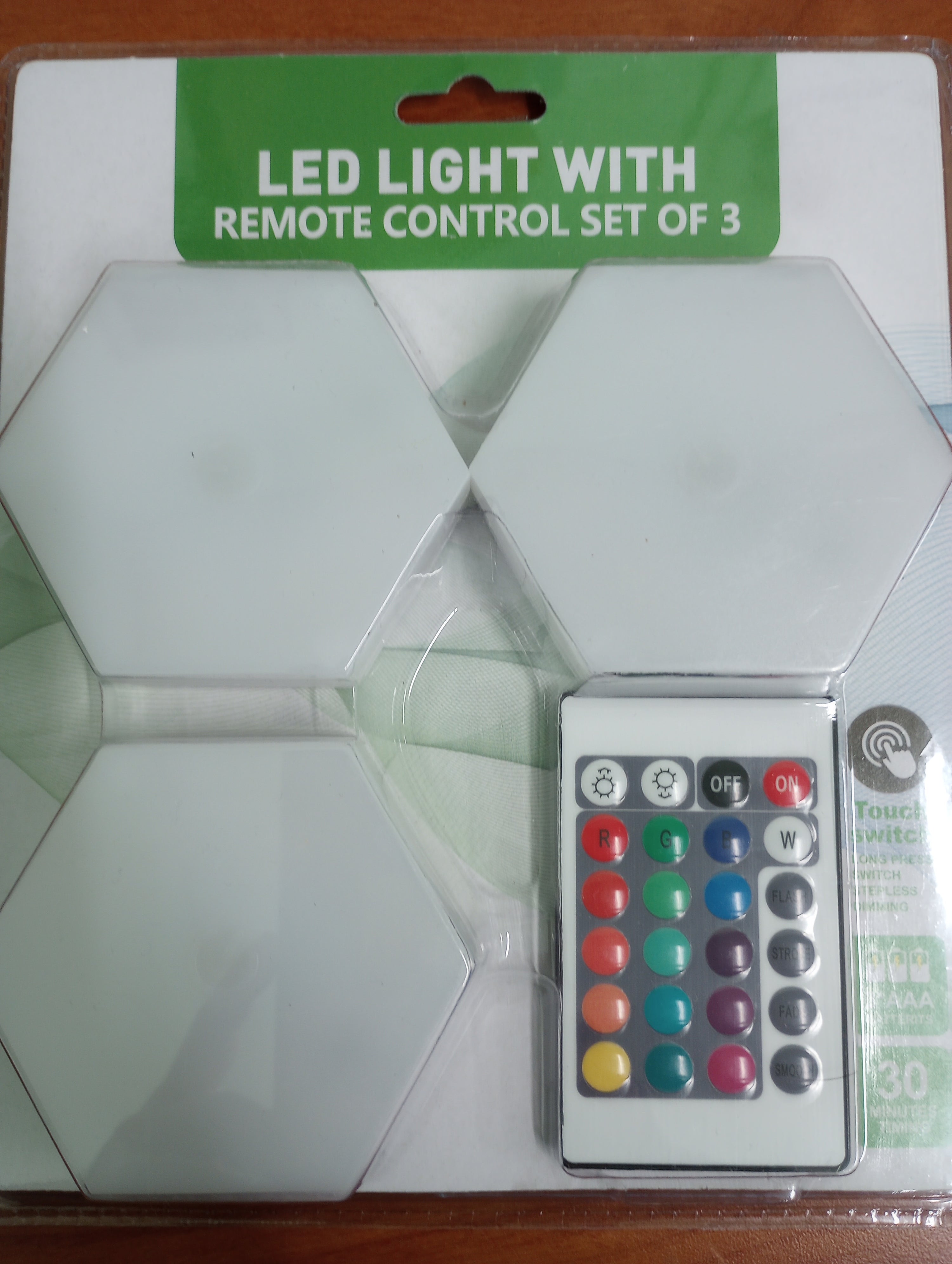 The product package for Wireless LED Lights with Remote Control (Set of 3).