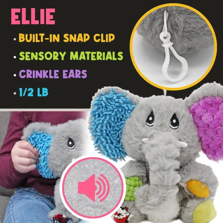 An infographic with Ellie the Mini Sensory Elephant's features.