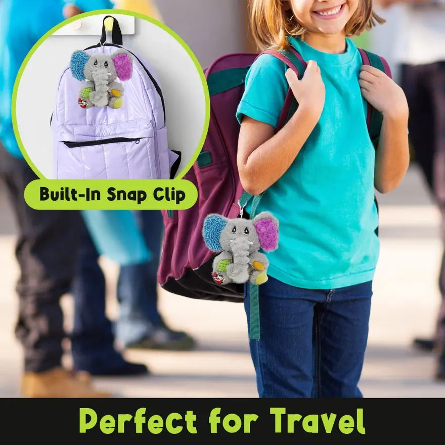 An infographic demonstrating the built-in snap clip on the Mini Ellie Sensory Elephant Plush.