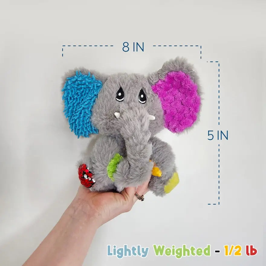 An infographic showing the 8"x5" dimensions of Mini Ellie the Sensory Elephant.
