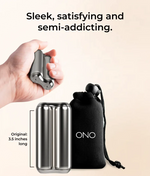 A hand with light skin tone holds the Ono Roller Steel in its palm. An image illustrates the length of Roller.