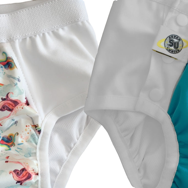 A juxtaposed picture with the briefs-style waist band on the left and the quick snaps on the right.