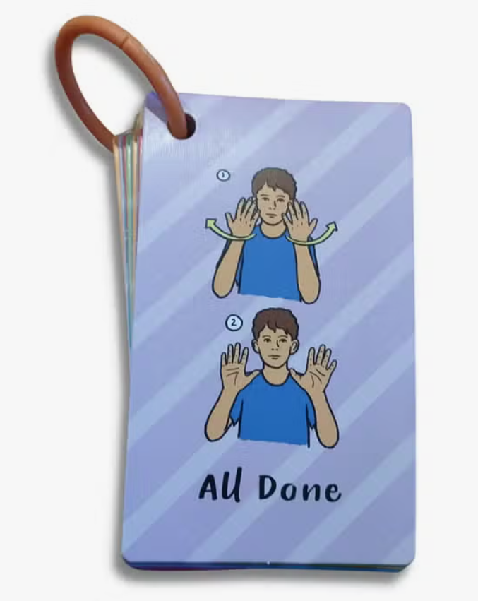 A colorful Baby's First Words Sign Language Flash Card that has someone signing "All Done."