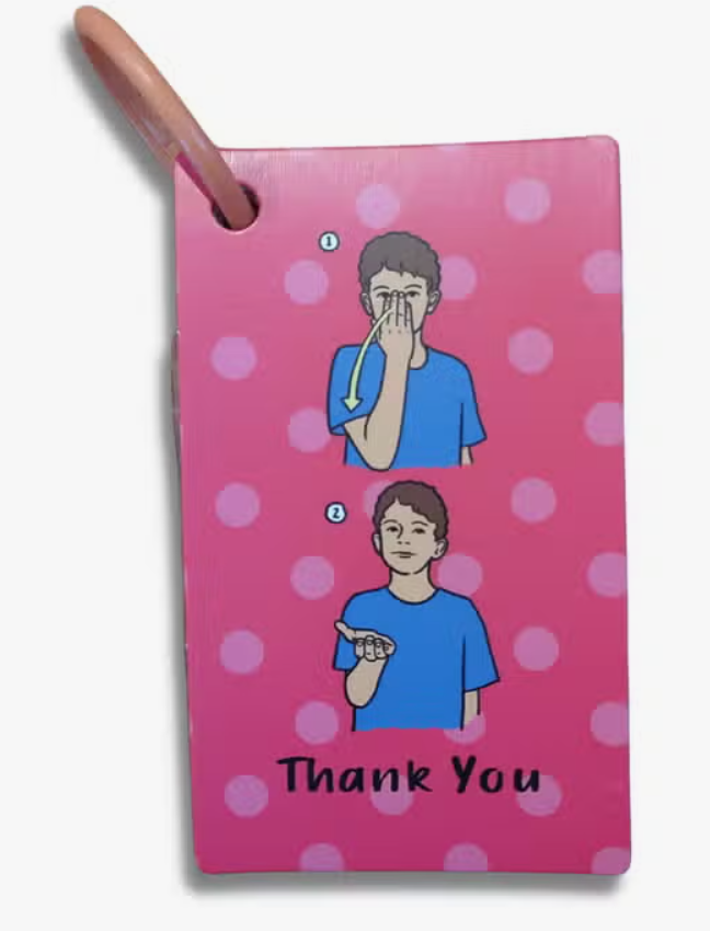 A colorful First Words Sign Language Flash Card that has someone signing "Thank you."