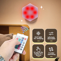 An infographic depicts a hand with light skin tone using the remote control to turn on one of the Wireless LED Lights.