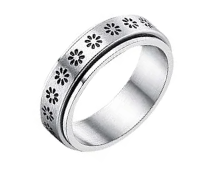 Silver Daisies Stainless Steel Fidget Band Ring - Size 9.