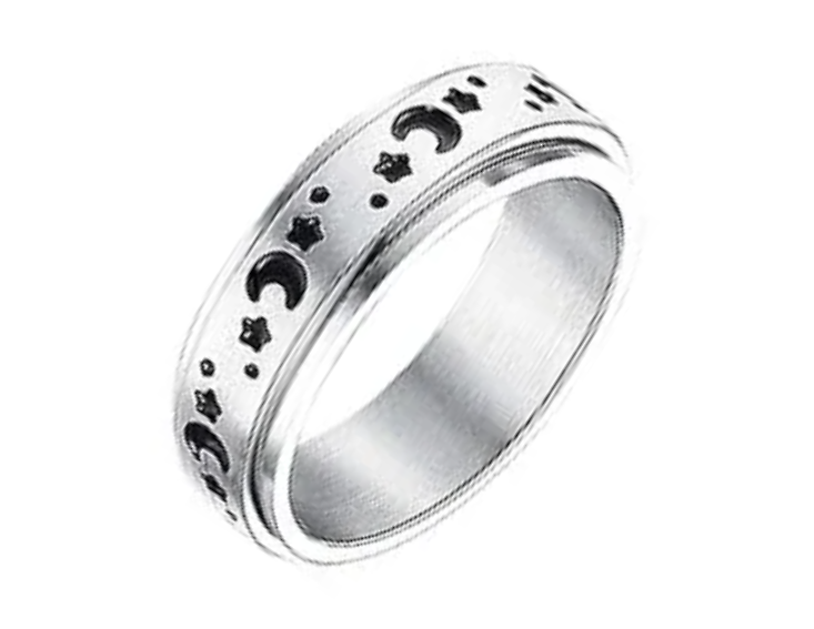 Silver Moon and Stars Stainless Steel Fidget Band Ring - Size 9.