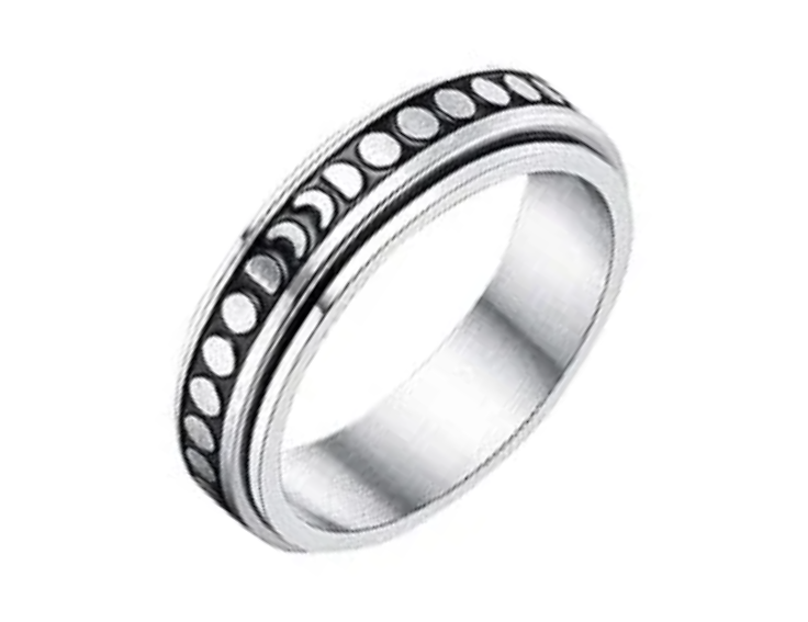 Silver Moonphases Stainless Steel Fidget Band Ring - Size 9.