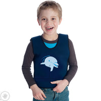A child with light skin town and short light brown hair wears the Weighted Compression Vest with Graphics with the Dolphin.