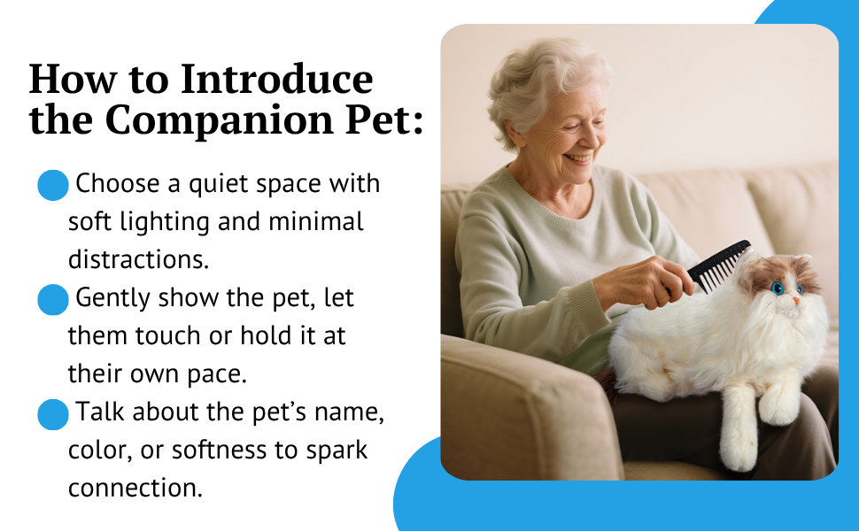 An elderly woman sits on a couch brushing the Therapy Cat Plush with a black comb.